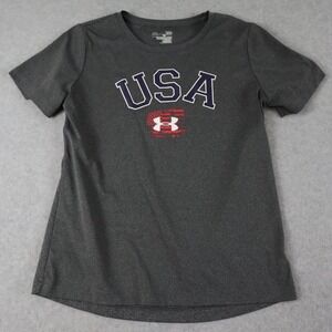 Under Armour Shirt Top Womens Large Semi Fitted Activewear USA Gray Short Sleeve